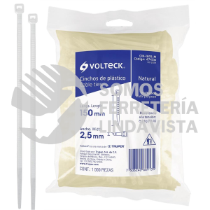 47458 CIN-1815-M BOLSA CON 1000 CINCHOS PLASTICOS 18LB 150X2.5 MM NATURALES VOLTECK