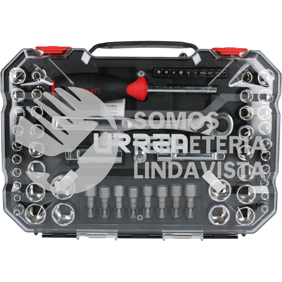 JCD01 JUEGO DE DADOS Y ACCESORIOS CUADRO DE 1/4" Y 3/8" COMBINADO, 63 PIEZAS URREA