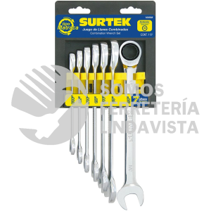 100568 JUEGO DE 7 LLAVES COMBINADAS PULIDO ESPEJO DE MATRACA EN PULGADAS, 12 PUNTAS, EN RACK SURTEK