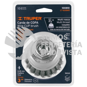 100851 CT-608MR CARDA COPA 3" ALAMBRE TRENZADO FINO MULTI-ROSCA TRUPER