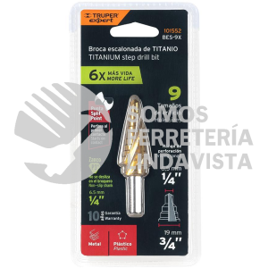 101552 BES-9X BROCA ESCALONADA TITANIO 9 ESCALONES 1/4" A 3/4" TRUPER