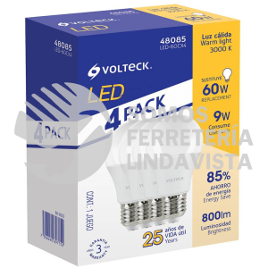 48085 LED-60CX4 PACK DE 4 LAMPARAS DE LED A19 9 W LUZ CALIDA VOLTECK