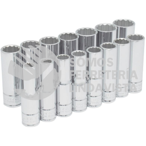 54207 JUEGO DE DADOS LARGOS CUADRO DE 1/2", 12 PUNTAS, METRICOS, 15 PIEZAS URREA