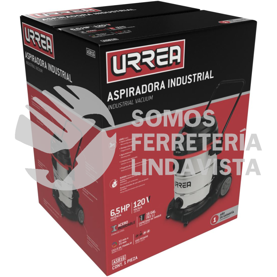 AS816 ASPIRADORA DE ACERO INOXIDABLE 16 GALONES, 2 HP URREA
