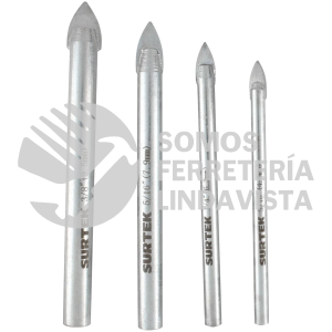 JBVS4 JUEGO DE BROCAS PARA VIDRIOS Y AZULEJOS DE ACERO CON CABEZA DE CARBURO DE TUNGSTENO, 4 PZ SURTEK