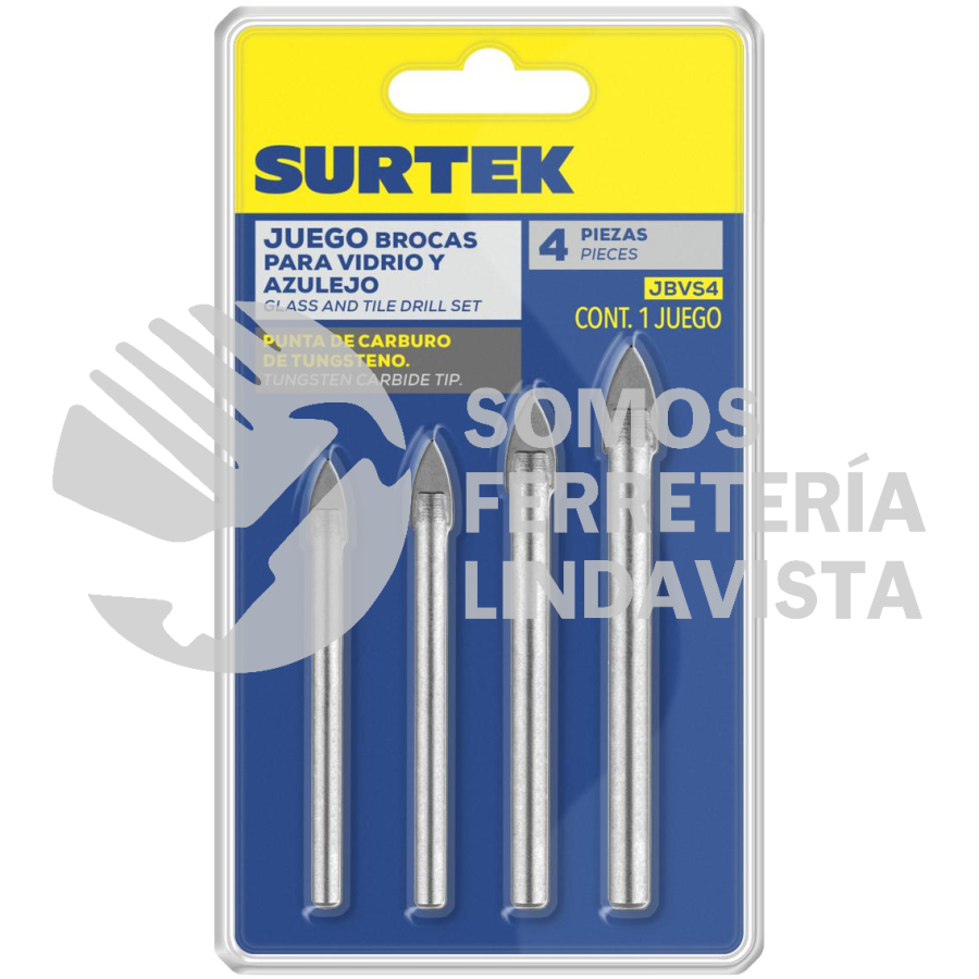 JBVS4 JUEGO DE BROCAS PARA VIDRIOS Y AZULEJOS DE ACERO CON CABEZA DE CARBURO DE TUNGSTENO, 4 PZ SURTEK