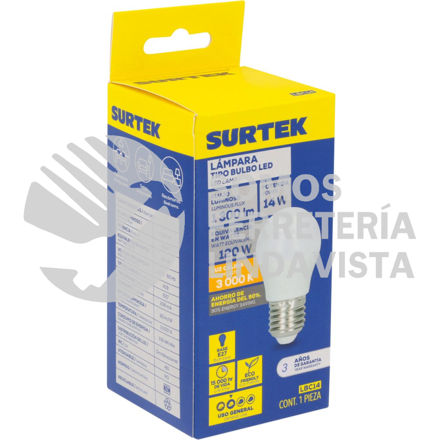 LBC14 LÁMPARA DE LED TIPO BULBO A19, 14 W LUZ CÁLIDA SURTEK