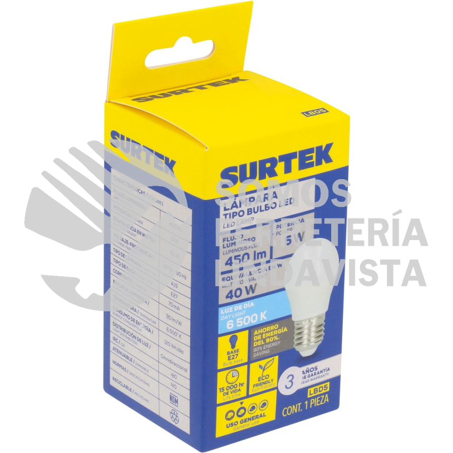 LBD5 LÁMPARA DE LED TIPO BULBO A19, 5 W LUZ DE DÍA SURTEK