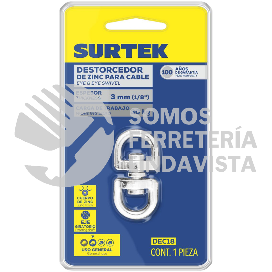 DEC18 DESTORCEDOR DE ZINC PARA CABLE 1/8" SURTEK
