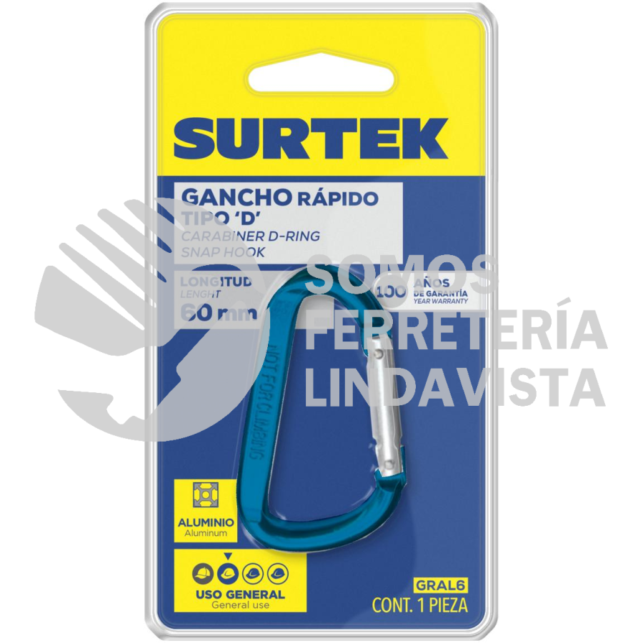 GRAL6 GANCHO RÁPIDO DE ALUMINIO 6 X 60 MM SURTEK