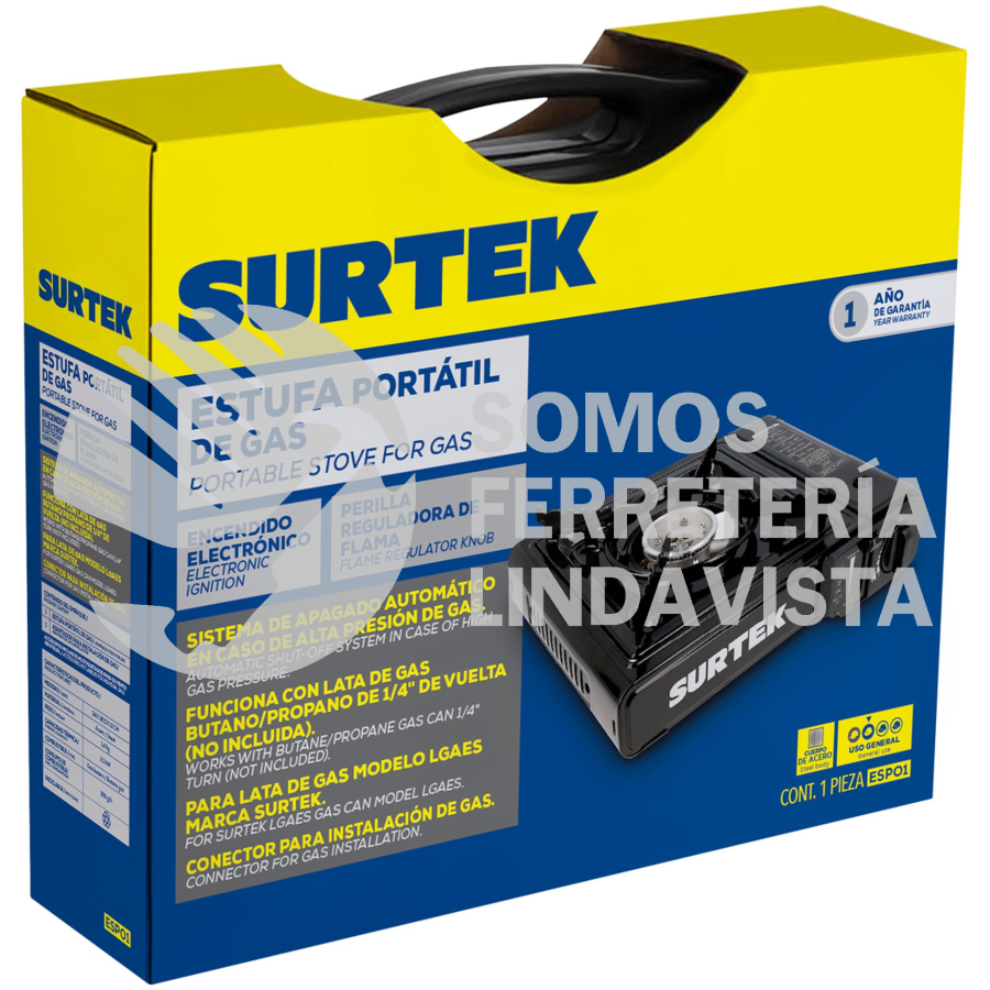 ESPO1 ESTUFA PORTÁTIL DE GAS, CON ENCENDIDO ELECTRÓNICO PARA LATA VÁLVULA 1/4 DE VUELTA SURTEK
