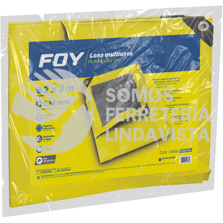LE2X3A LONA DE POLIETILENO COLOR AMARILLO CON FONDO PLATA, 2 X 3 M FOY